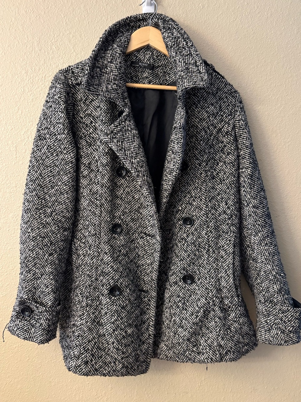 Romy Black and White Herringbone Knit Coat